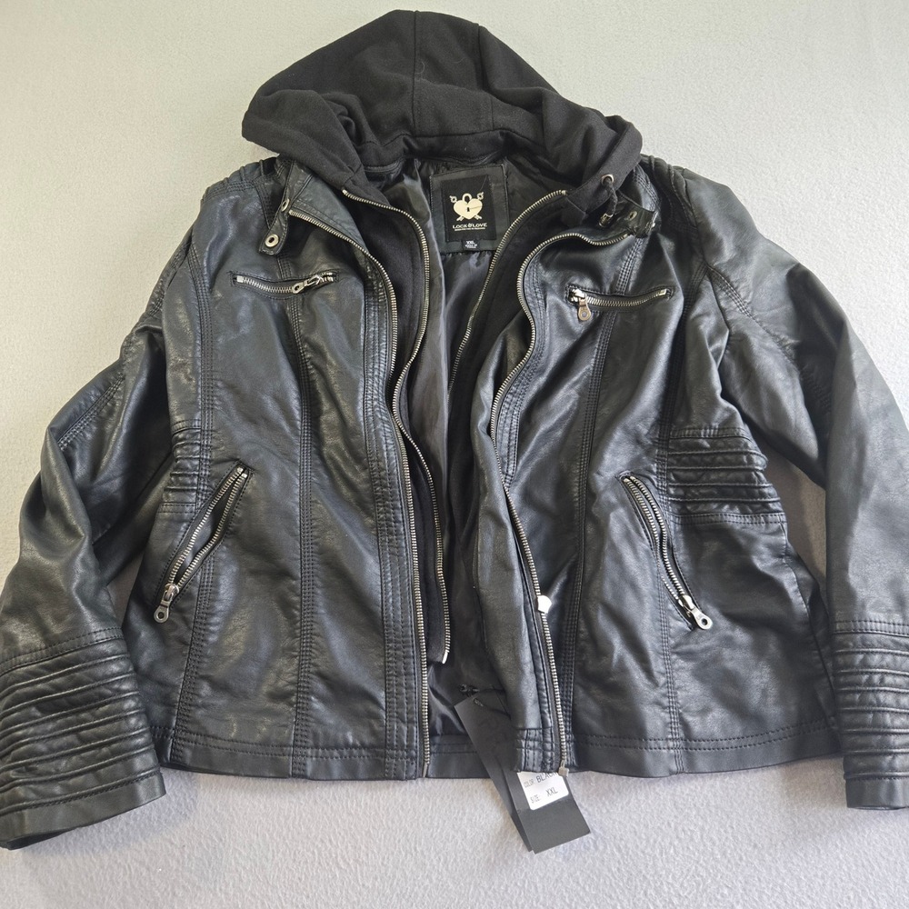 Lock and Love Moto Jacket Womens XXL Black Faux Leather Hooded Quilted WJC663